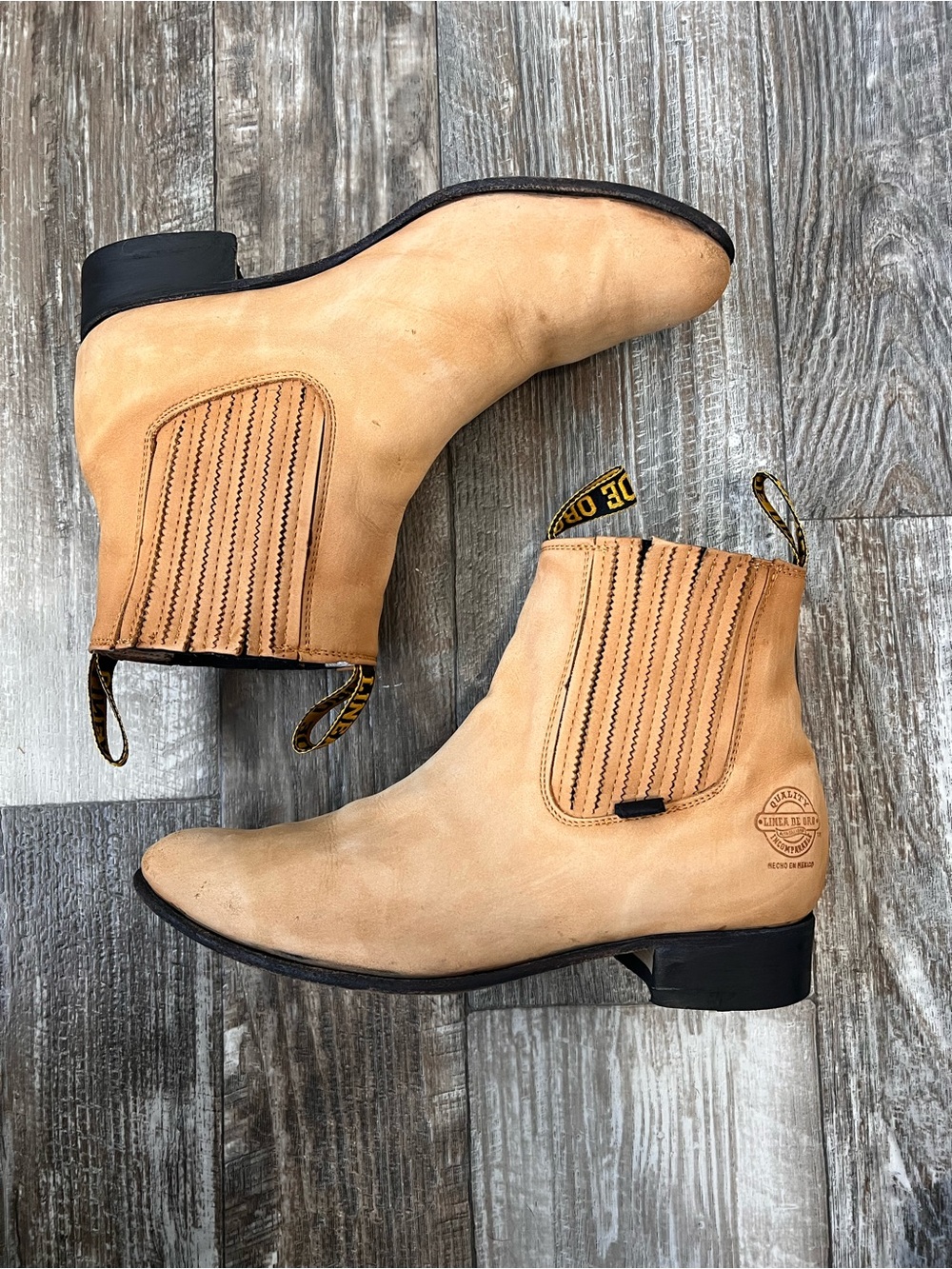 Linea De Oro Men's Tan Nubuck Suede Botines Charros Ankle Boots Made In Mexico